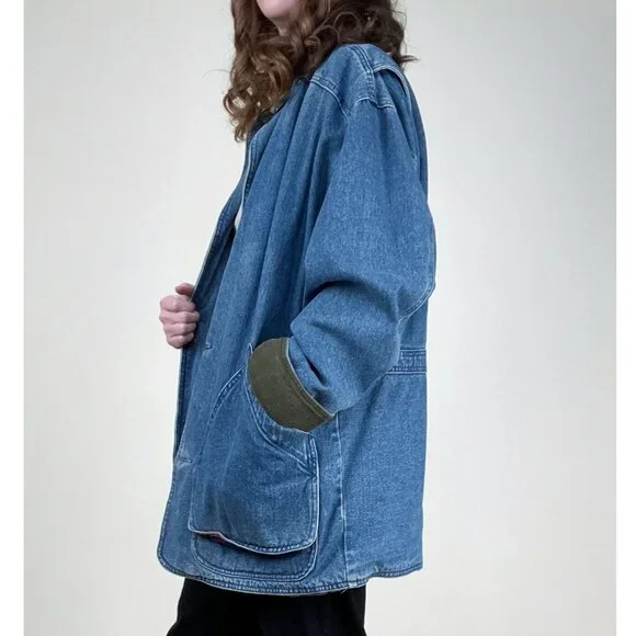 Vintage Denim Barn Coat Field Farm Utility Jean Jacket Oversized Plaid Americana - Picture 4 of 10